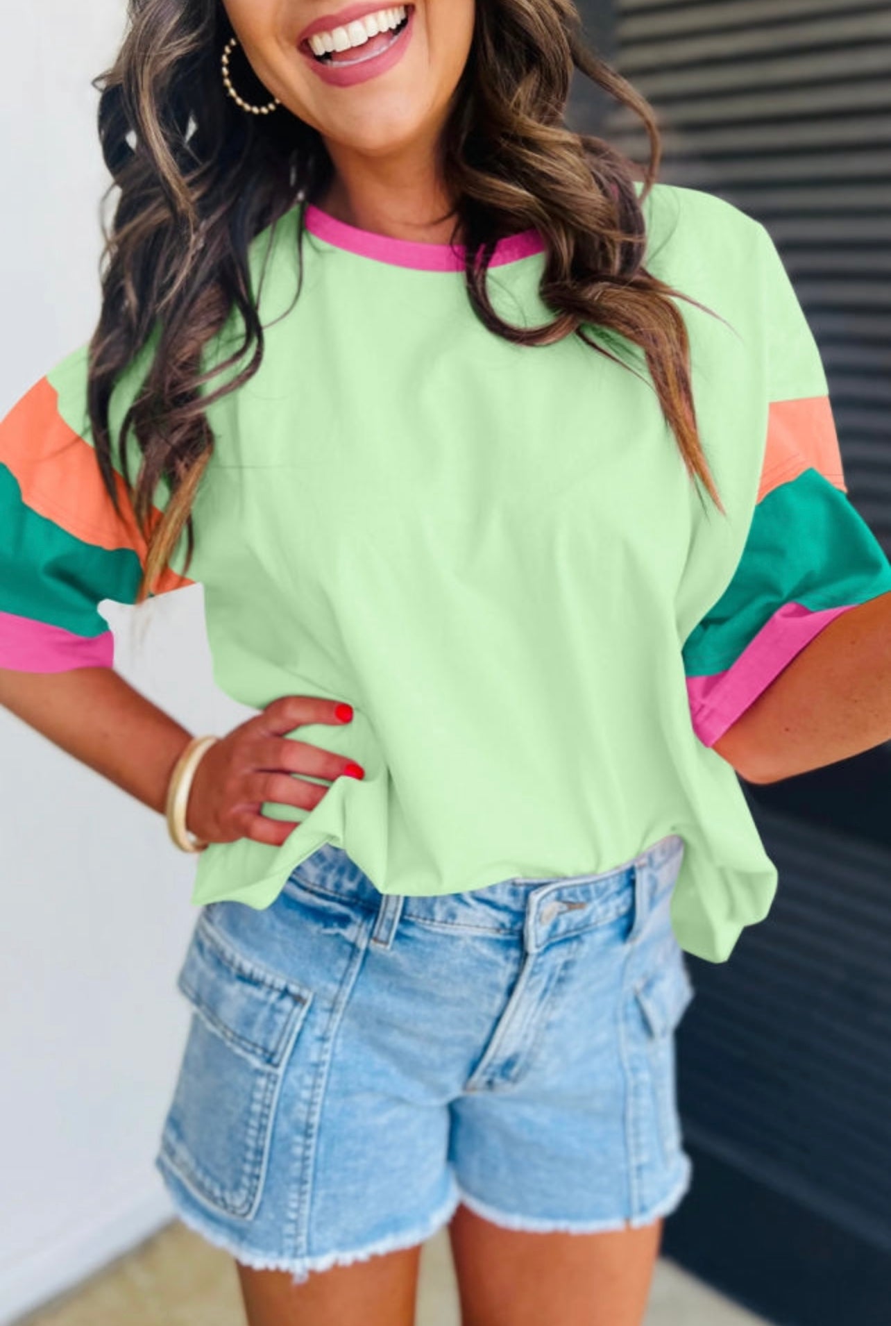 Green Color Block Sleeve Round Neck Oversize T-Shirt