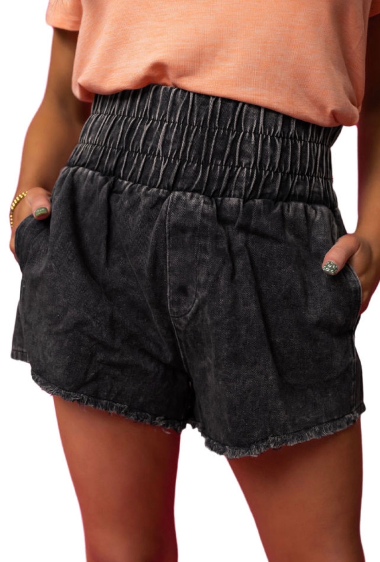 Black Smocked High Waist Mineral Washed
Jean Shorts