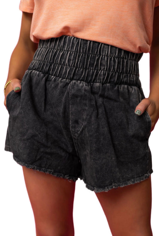Black Smocked High Waist Mineral Washed
Jean Shorts